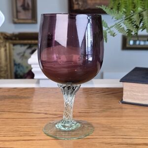 Vintage Amethyst Hand Blown Wine Goblet, Clear Twisted Stem Art Glass 6"